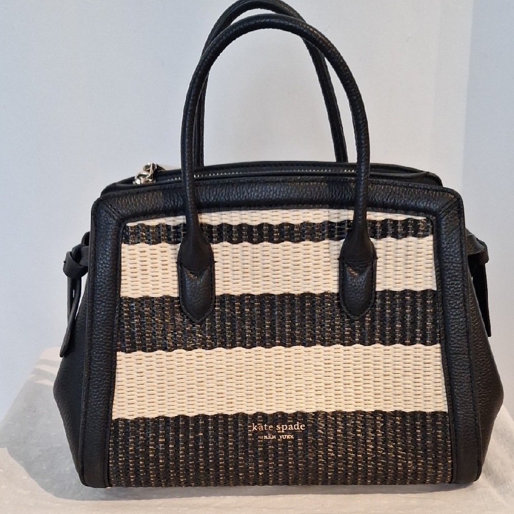 kate spade Black and Cream Striped Woven Satchel with Top Handles